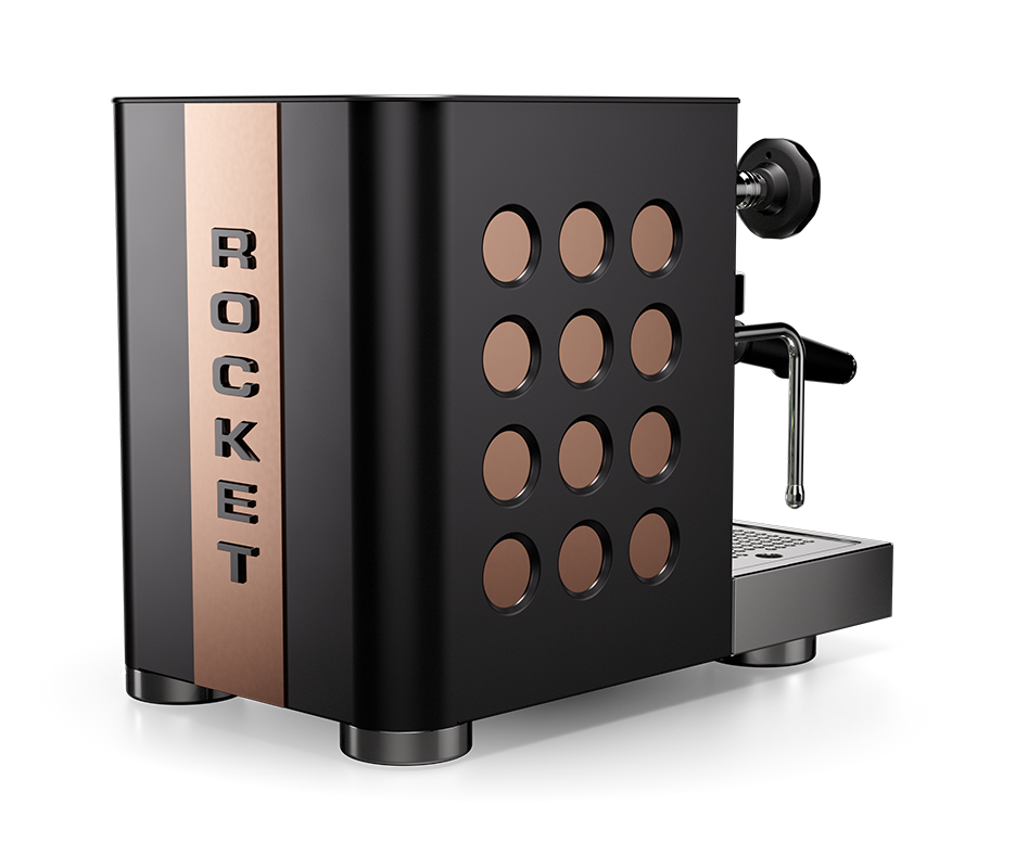 Máquina de espresso Rocket preta e cobre vista pela lateral