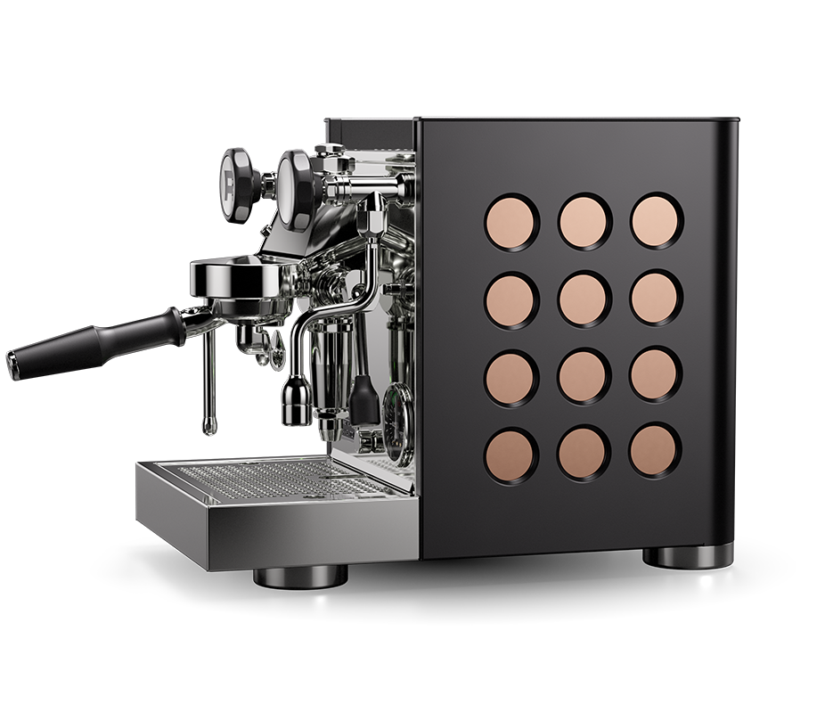 Máquina de espresso Rocket preta e cobre vista pela frente
